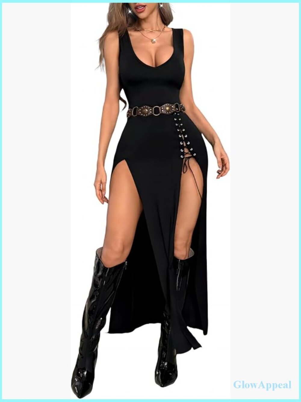 Vintage Bodycon Dress High Slit V Neck Sleeveless Midi Club Party Prom